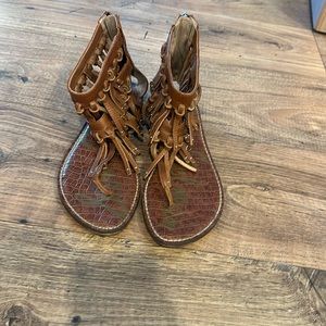 SAM EDELMAN Sandals Womens Size 10 Brown Griffin Fringe Tasseled Zip Back Flats